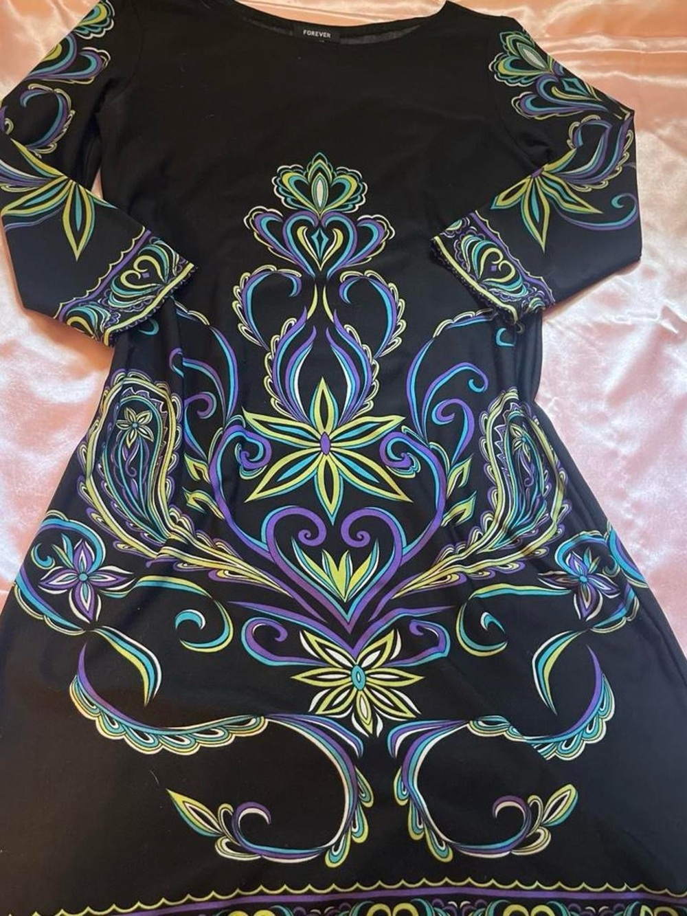Forever 21 Black Long Sleeve Dress with Purple, Teal & Lime Print